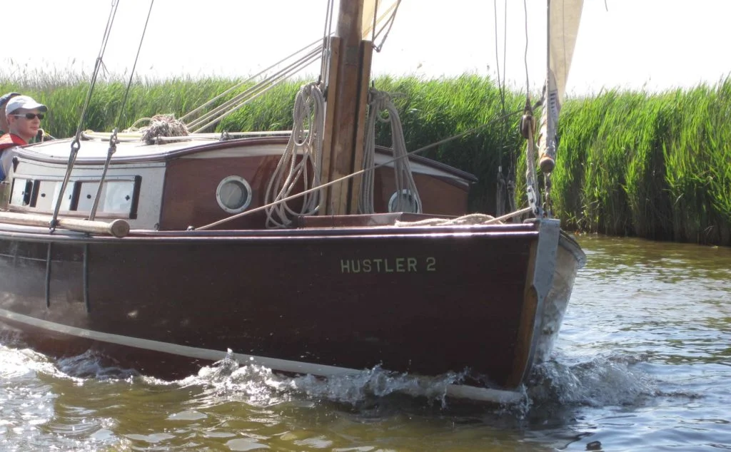 Hustler 2, traditional wooden Norfolk Broads hustler class sailing cabin yacht